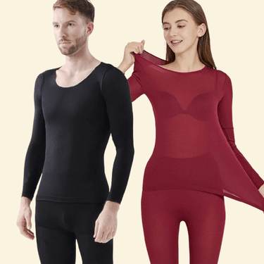 Man and woman wearing lightweight thermal underwear sets in black and burgundy red, showcasing stretch and comfort fit.